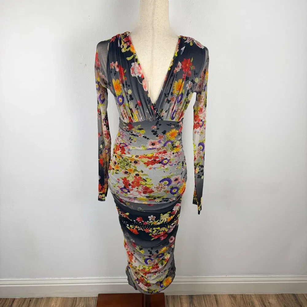 Fuzzi Black Grey Long Sleeve Floral Mesh Bodycon V neck Midi Dress Women's XL - Picture 4 of 9